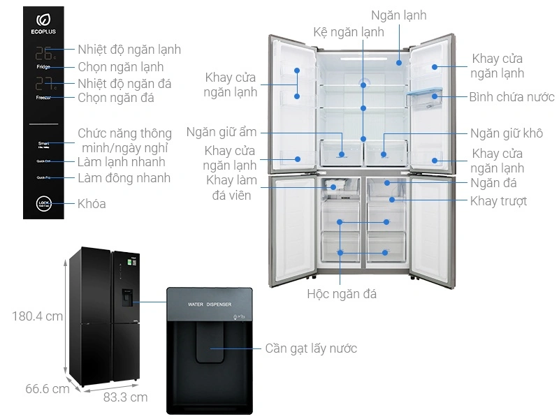 Tủ Lạnh Aqua 4 Cánh 511 Lít Inverter AQR IGW525EM GB 
